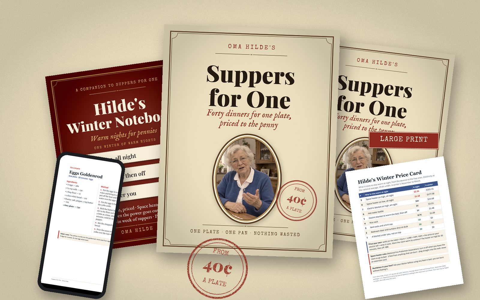 The bundle: Suppers for One, the large-print edition, Hilde's Winter Notebook and the Winter Price Card