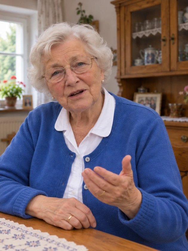 Oma Hilde at her kitchen table in a blue cardigan