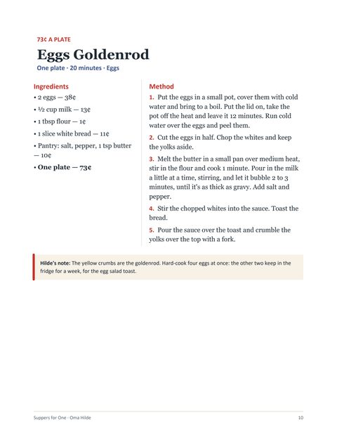 Page 10: Eggs Goldenrod, 73 cents a plate
